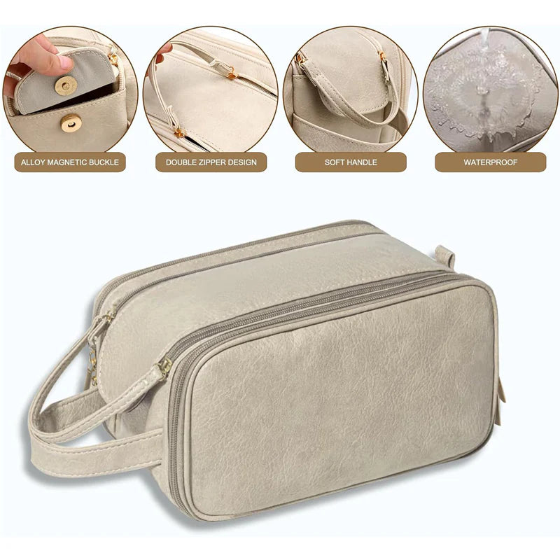 Large Travel Toiletry Organizer Makeup Bag, Hanging Cosmetic Bag Kit Leather Skin Care Waterproof Shaving Bag