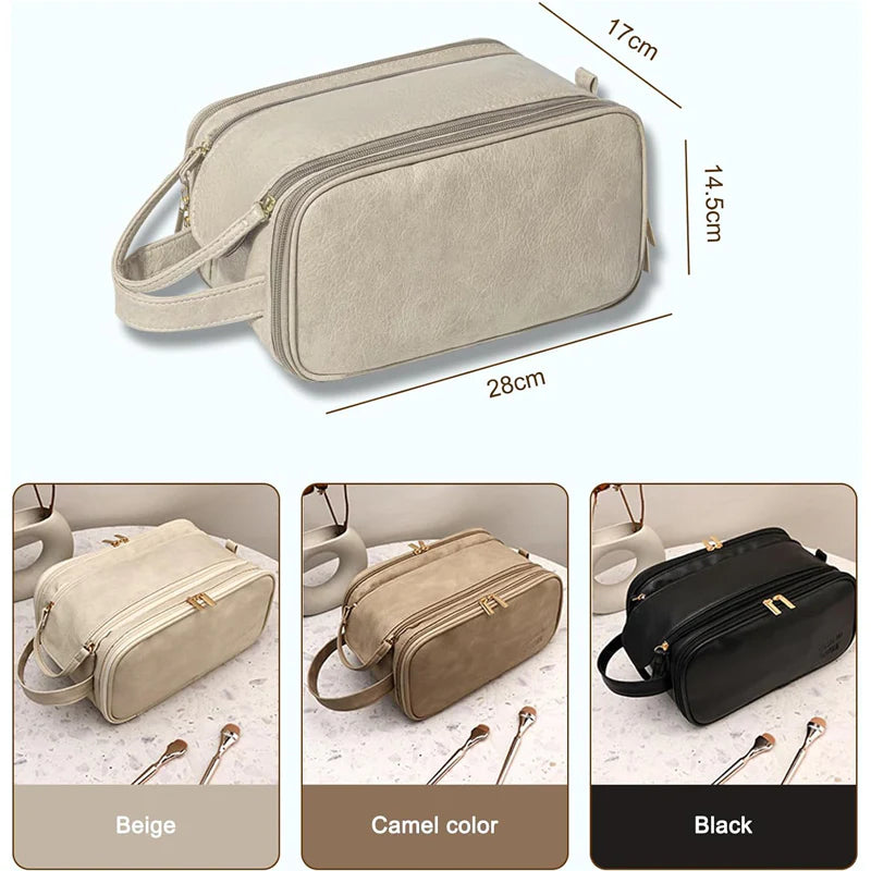 Large Travel Toiletry Organizer Makeup Bag, Hanging Cosmetic Bag Kit Leather Skin Care Waterproof Shaving Bag